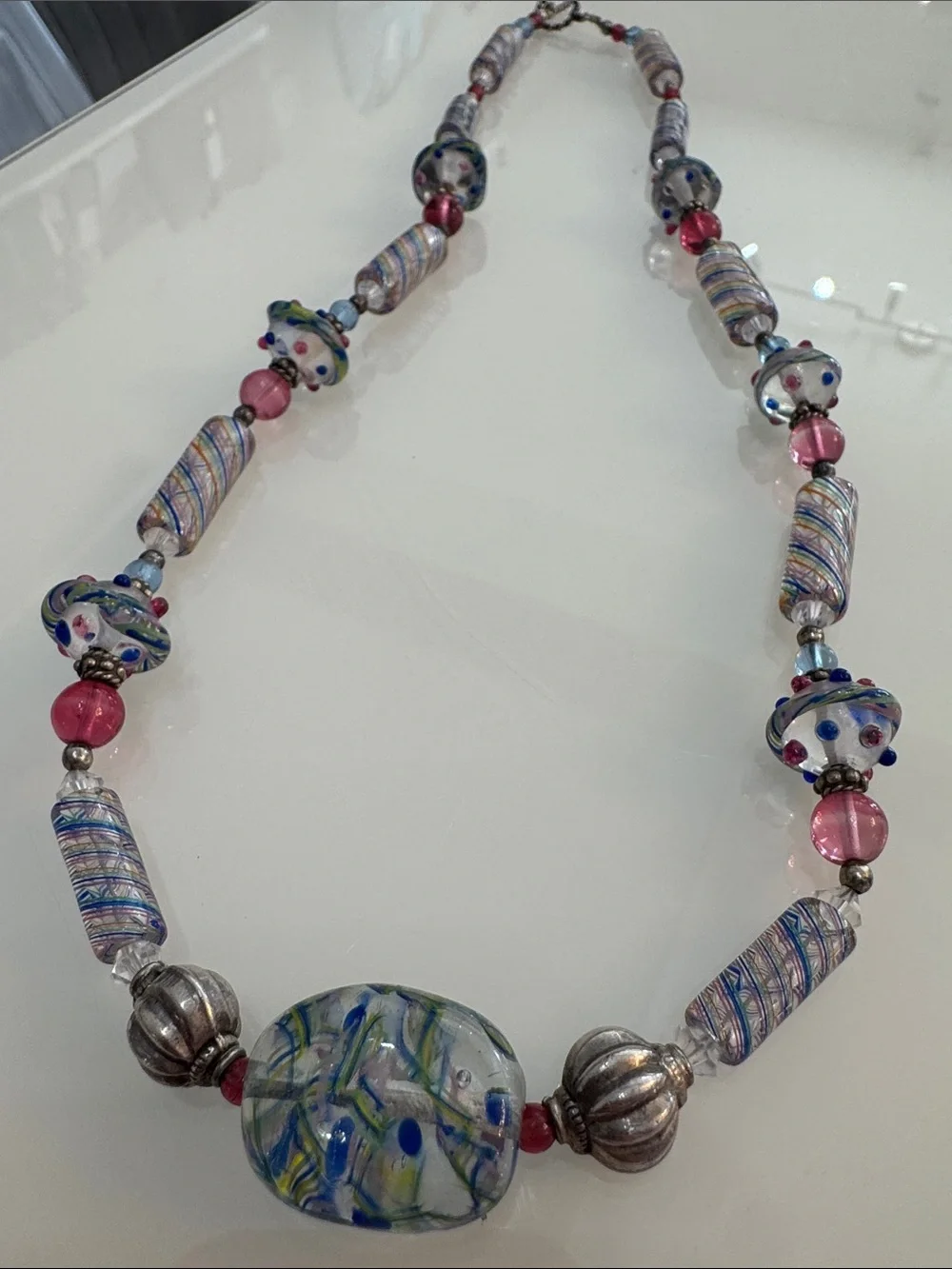 Sterling silver Handmade Pink and Blue Glass Bead Necklace - Artisan - Picture 1 of 3